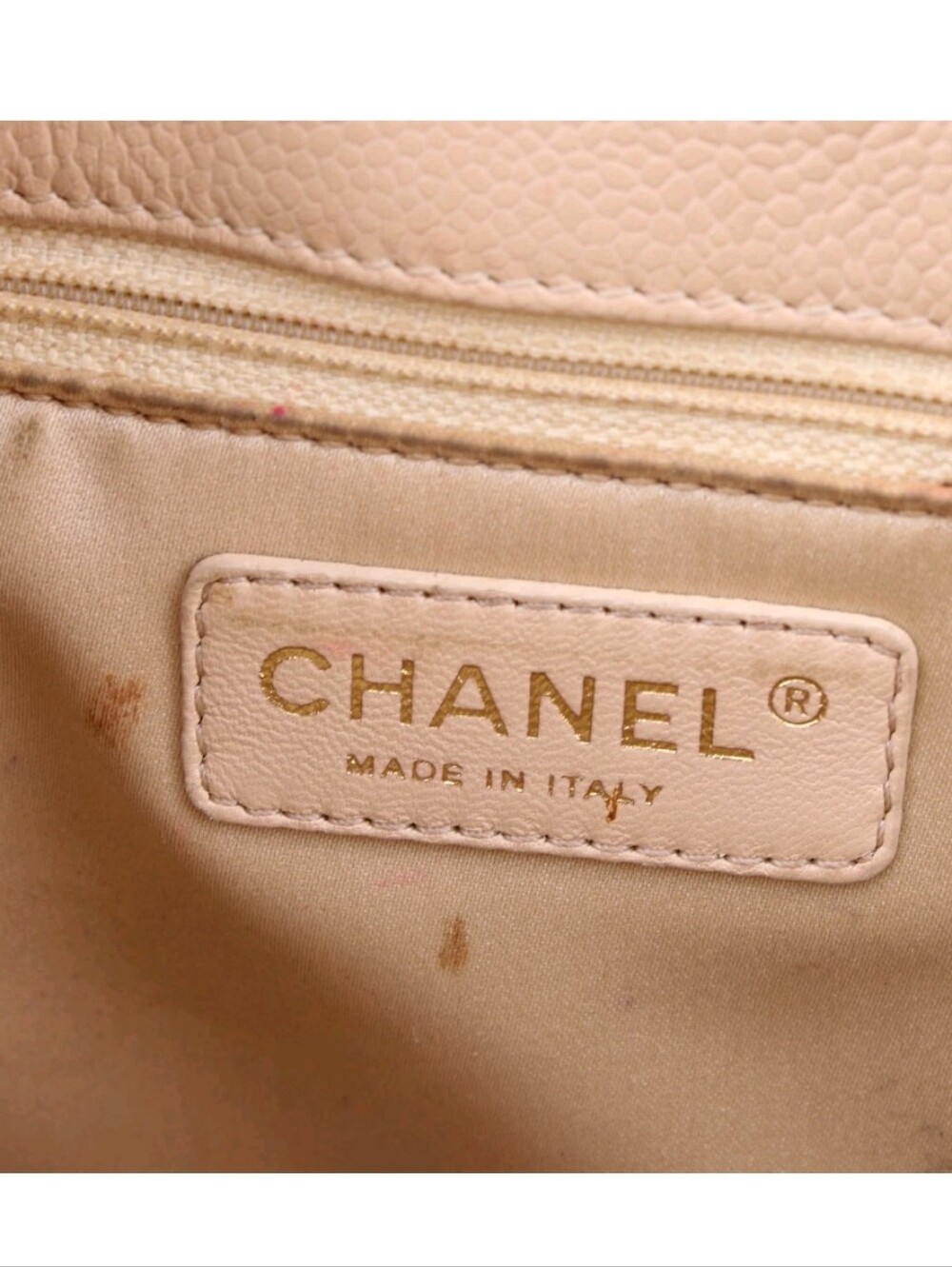 CHANEL Bag Chain Tote Grained Caviar Logo "CC" Bag Calfskin Beige/Blush Gold HRW - Picture 10 of 14